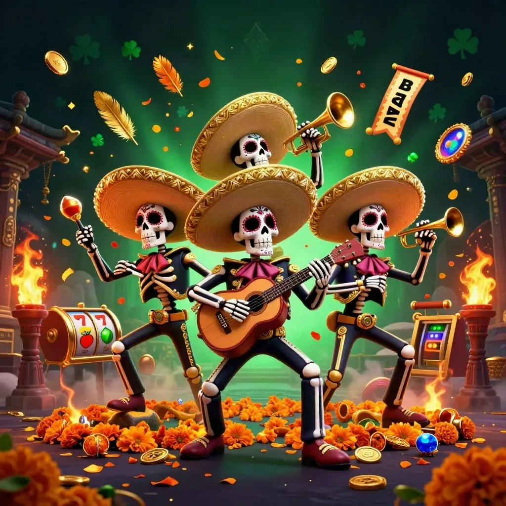 Tiga skeleton mariachi di tengah ledakan koin, kuil, dan neon hijau.