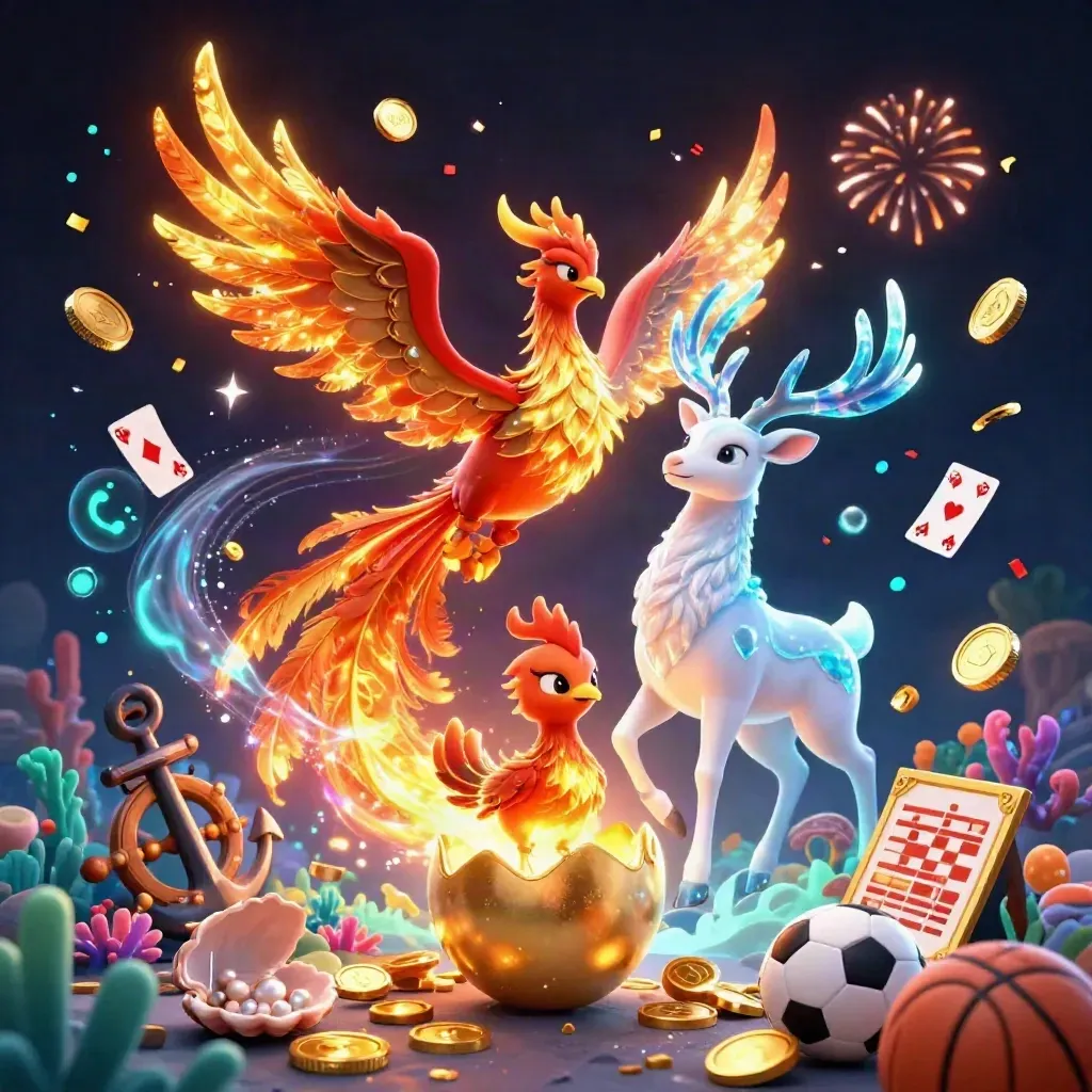 Phoenix, rusa ajaib, dan anak phoenix di lautan harta, koin, serta efek neon.