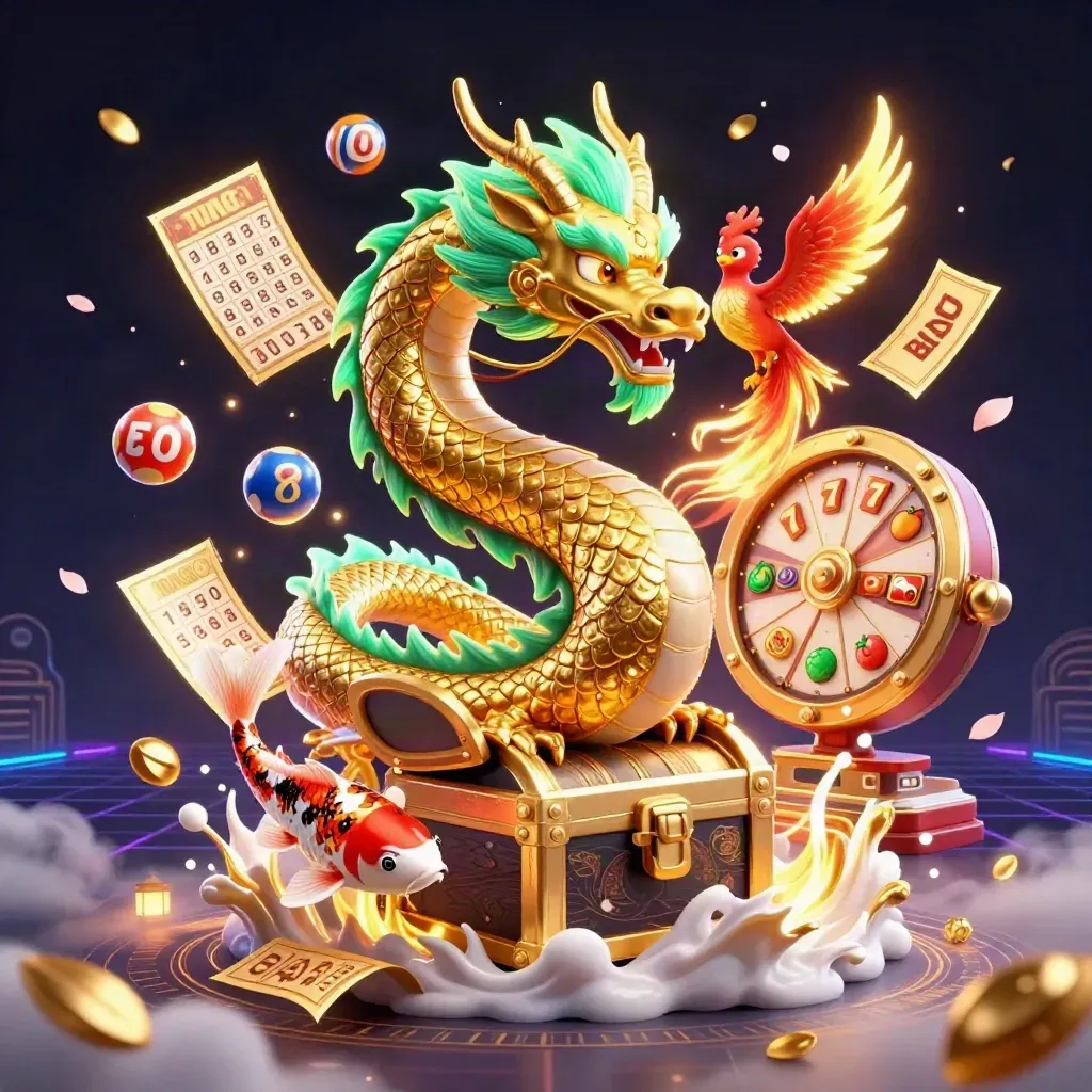 Naga emas dengan phoenix, koi, kartu bingo, dan elemen jackpot neon hijau meledak dinamis