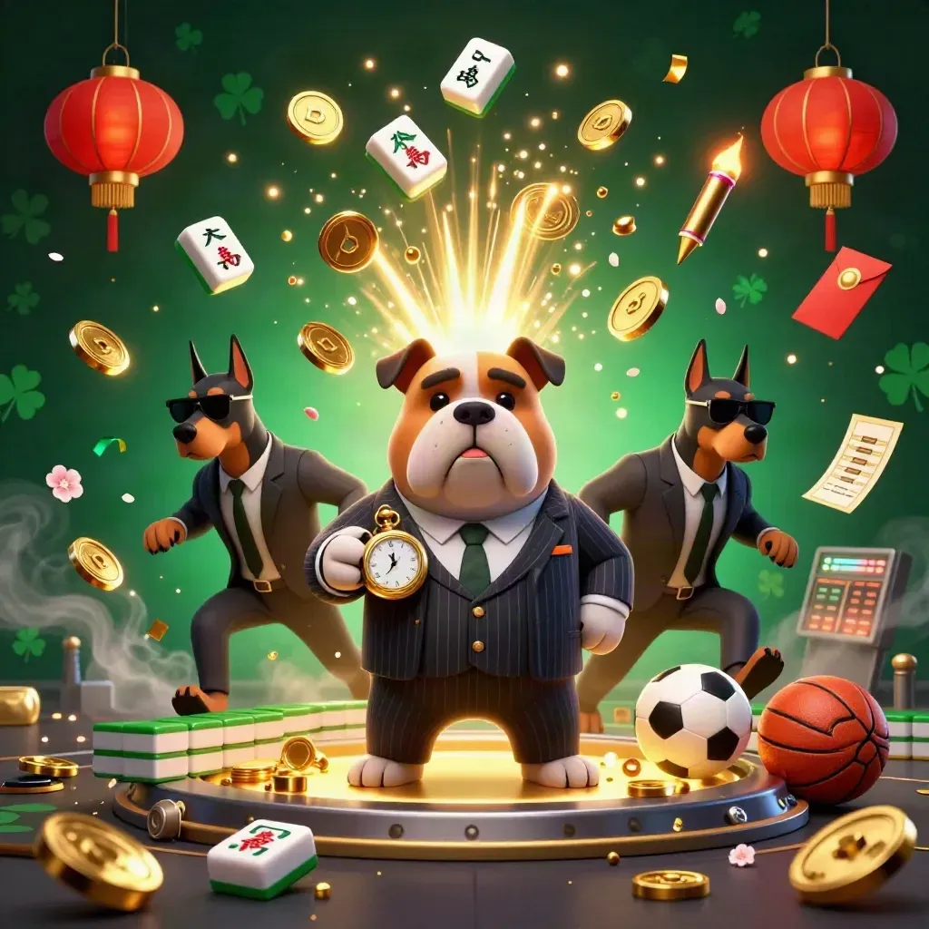 Bulldog bos mafia dan dua doberman di antara koin emas, mahjong, petasan, dan bola olahraga.