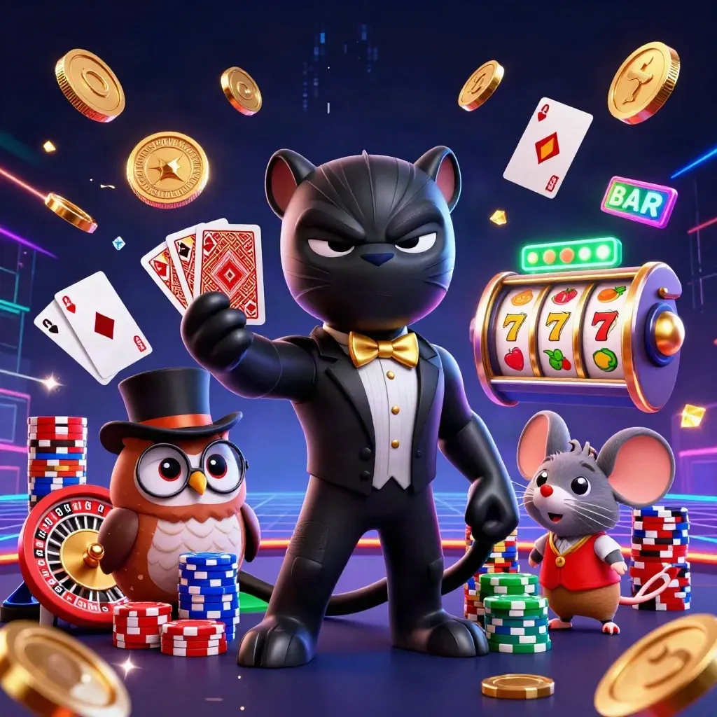 Panther tuxedo, burung hantu, dan tikus judi di tengah kilau koin dan dadu slot.