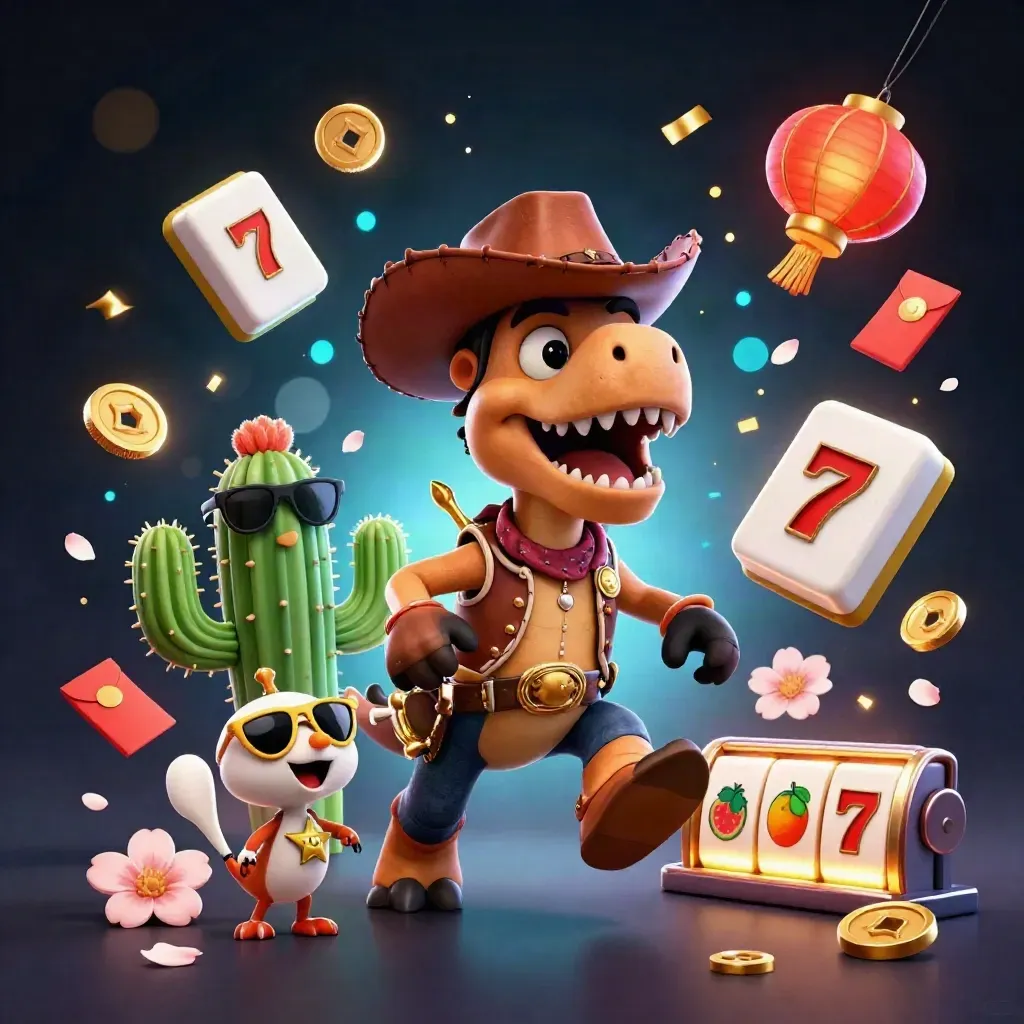T-Rex koboi, kaktus, dan roadrunner di tengah ledakan simbol slot emas-neon.