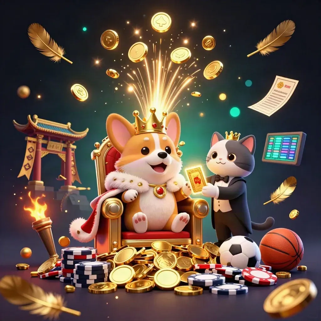Corgi raja dan kucing pelayan berpesta di atas chip, koin emas dan cahaya meledak