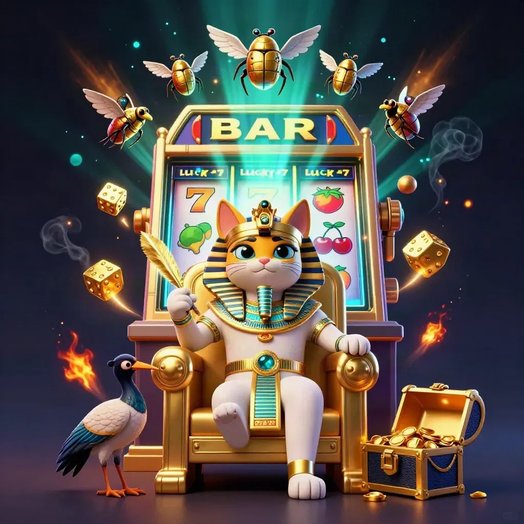 Kucing firaun kartun di takhta emas, ibis, scarab, dan mesin slot meledak.