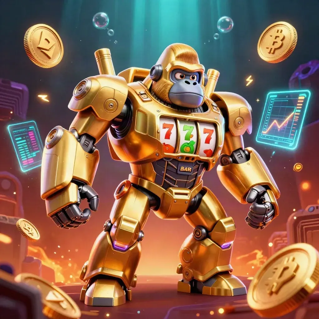 Gorila mech emas dengan pilot monyet, koin kripto, efek neon, dan latar merah gelap.