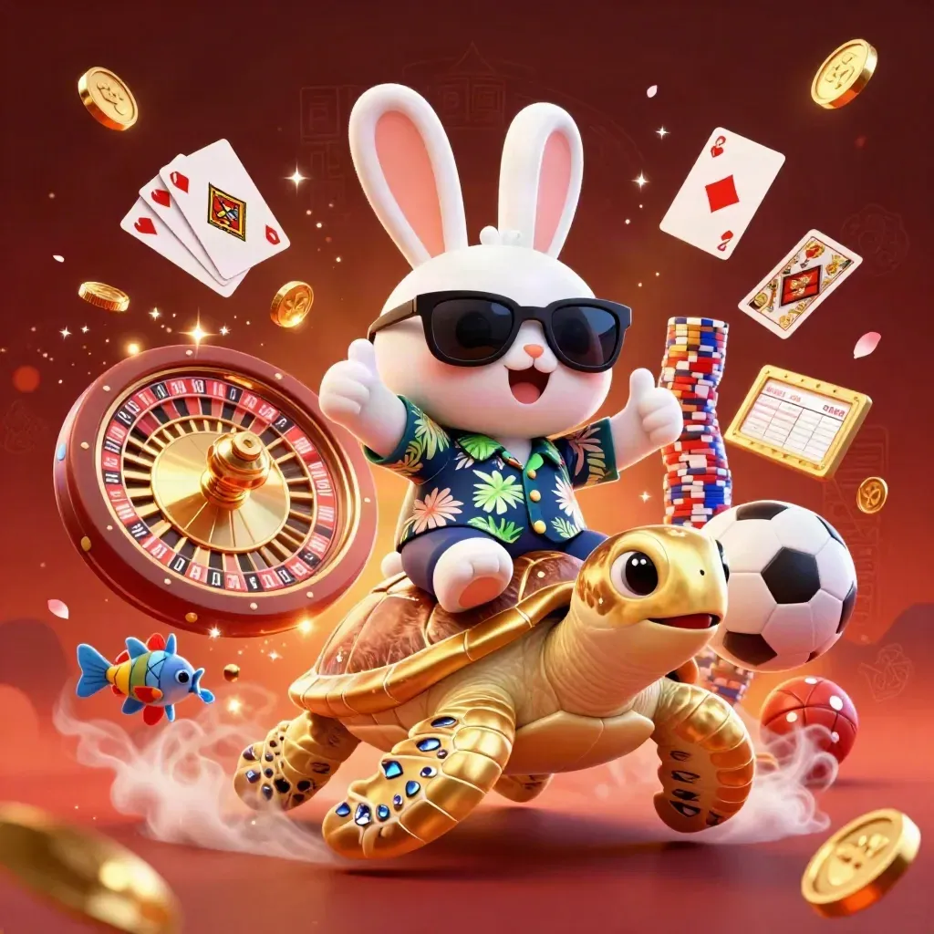 Kelinci kartun menunggang kura-kura emas dikelilingi koin, kartu, chip, bola, dan kilau neon.