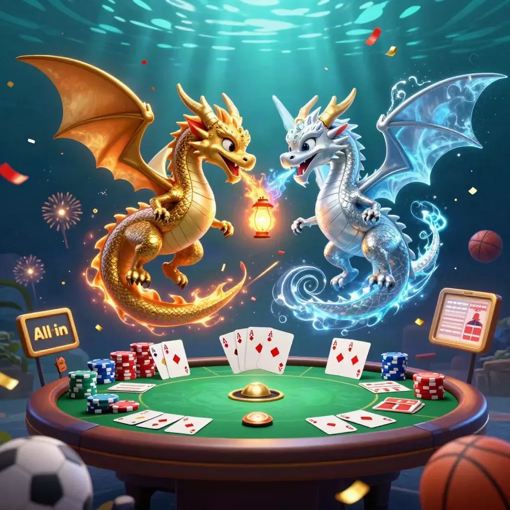 Dua naga kartun emas dan perak berputar yin-yang dengan elemen kasino dan bola olahraga.