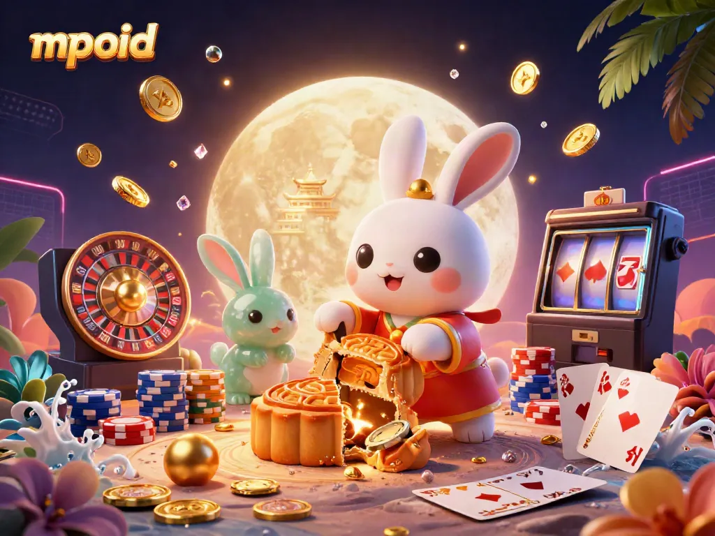 MPOID menghadirkan ilustrasi 3D kartun dengan kelinci bulan yang menumbuk kue bulan emas sambil dikelilingi oleh simbol permainan kasino.