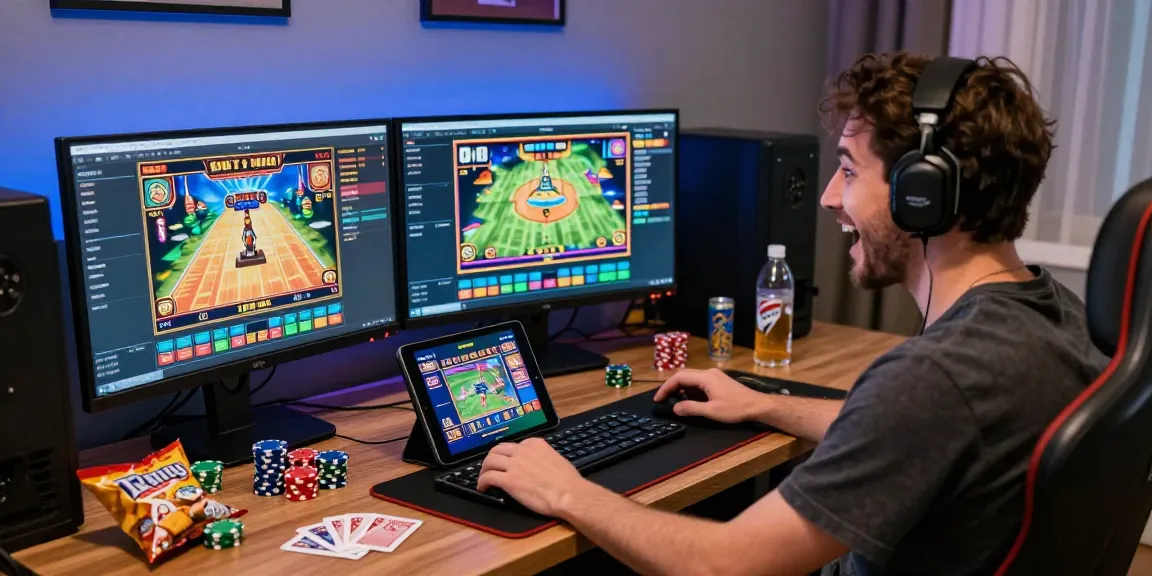 Pengalaman bermain SLOT GACOR di meja dengan monitor menampilkan permainan slot, suasana bergairah dan nyaman di rumah.