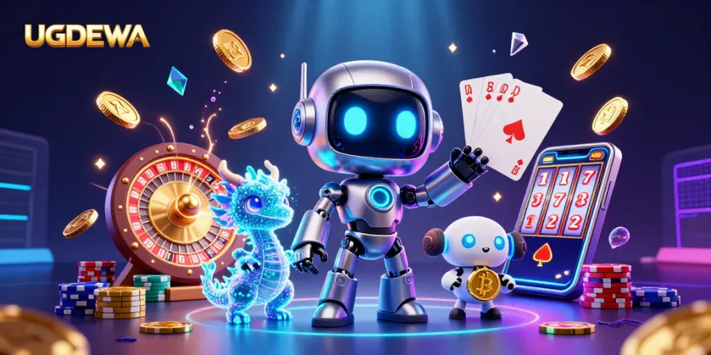 Engage with UGDEWA's thrilling casino experience featuring our cyberpunk mascot, spinning roulette, and vibrant gaming elements.