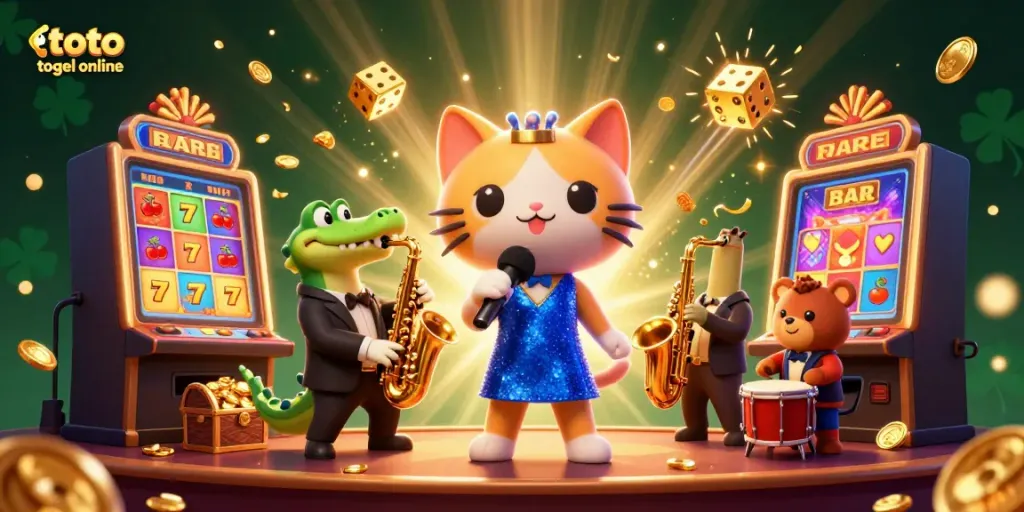 Ilustrasi 3D menarik tentang toto togel online dengan karakter kucing penyanyi jazzy dan slot mesin jackpot.