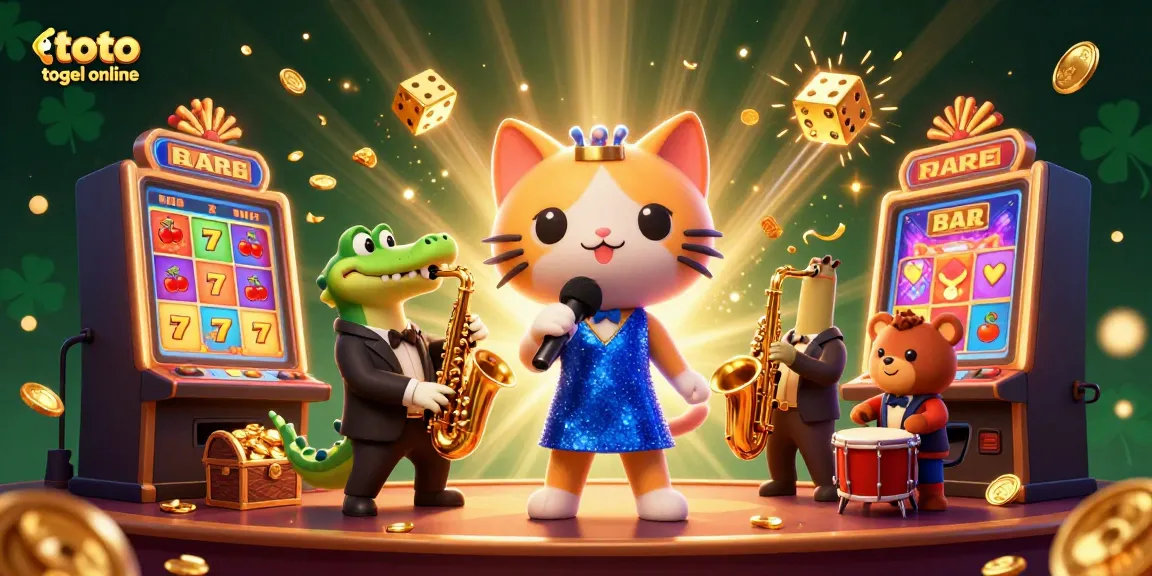 Ilustrasi 3D menarik tentang toto togel online dengan karakter kucing penyanyi jazzy dan slot mesin jackpot.