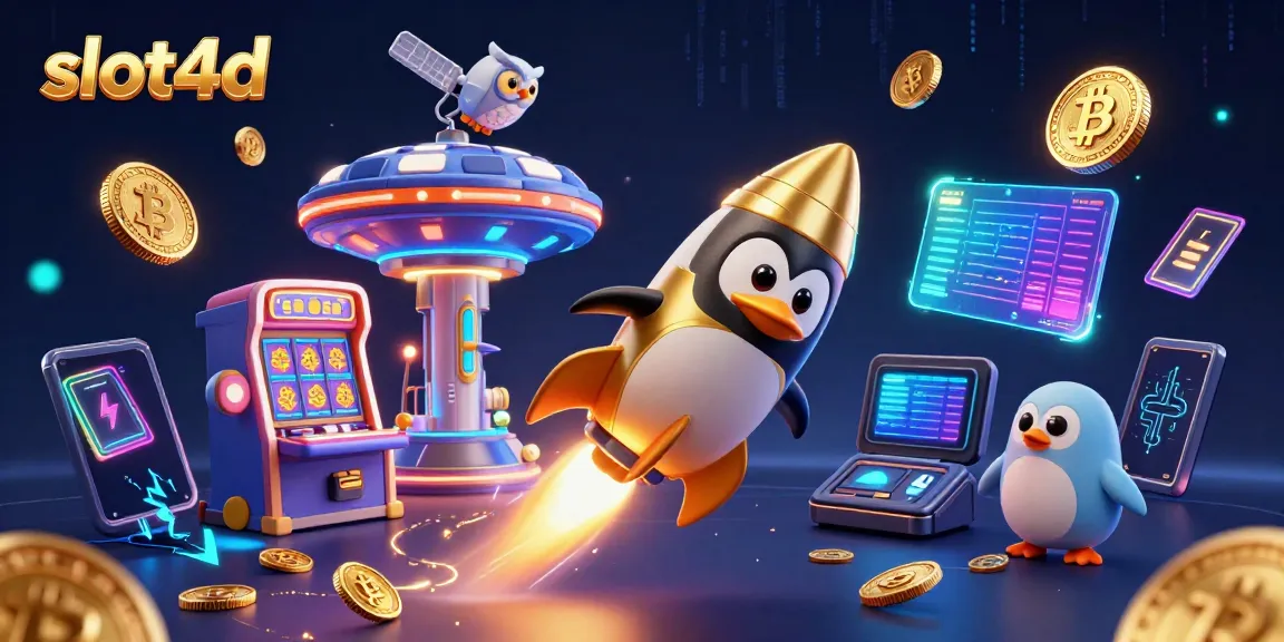 Experience slot4d adventure with a golden penguin navigating a vibrant casino space scene filled with neon elements.