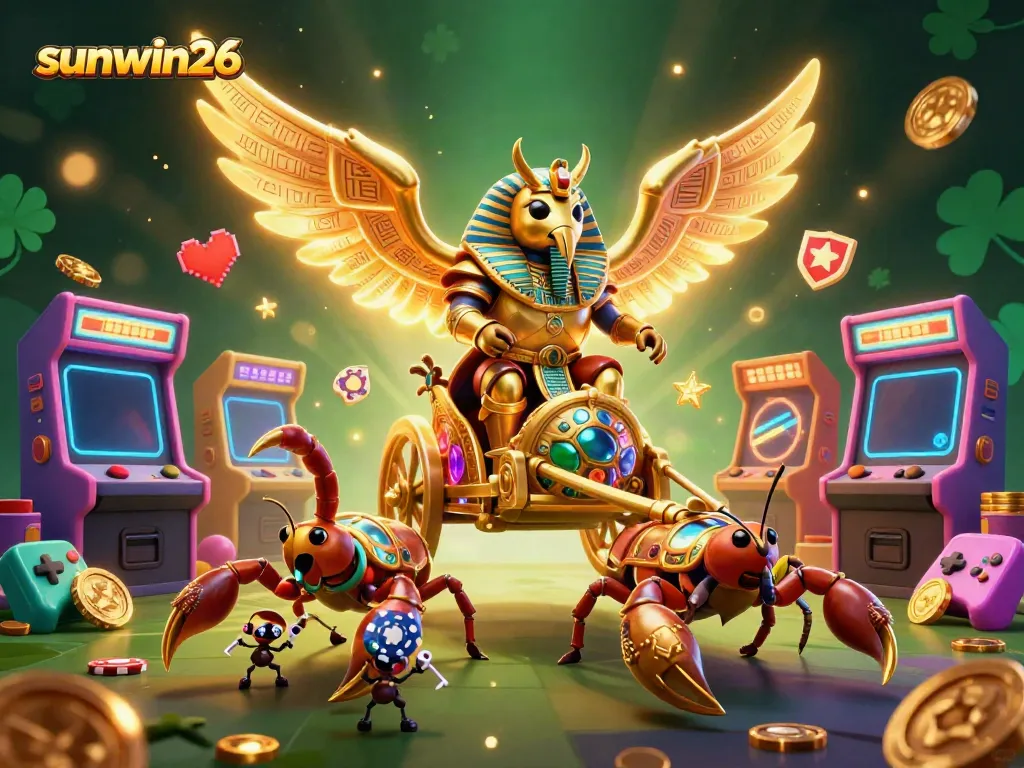 Engage with the vibrant atmosphere of the sunwin26 casino, featuring a golden beetle and jeweled scorpions amidst gaming action.