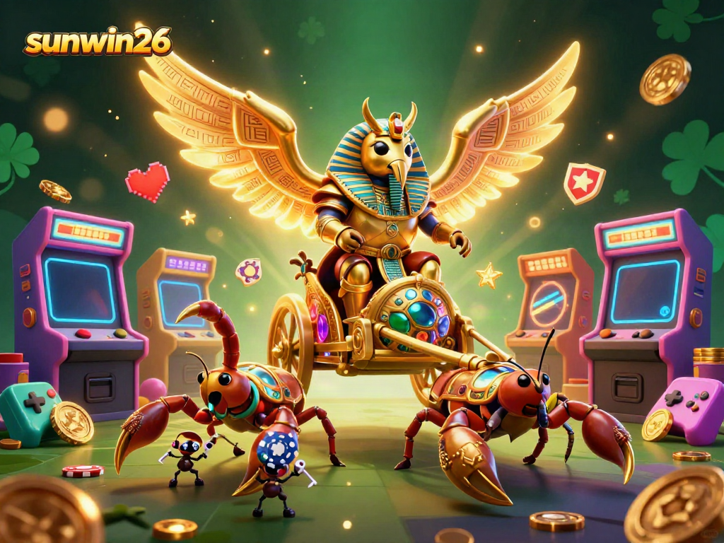 Engage with the vibrant atmosphere of the sunwin26 casino, featuring a golden beetle and jeweled scorpions amidst gaming action.