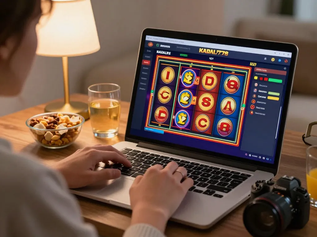 KADAL778 player enjoying an online slot game on a cozy home laptop setup with vibrant graphics.