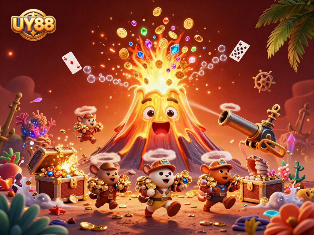 Experience the thrill of UY88 as golden treasures erupt from a triumphant volcano in this vibrant 3D casino animation.