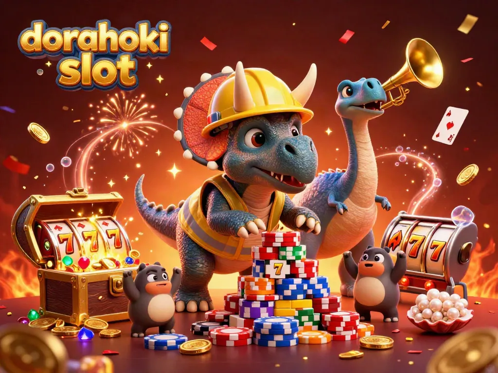 Merayakan kemenangan jackpot di dorahoki slot dengan triceratops dan komedi lucu.