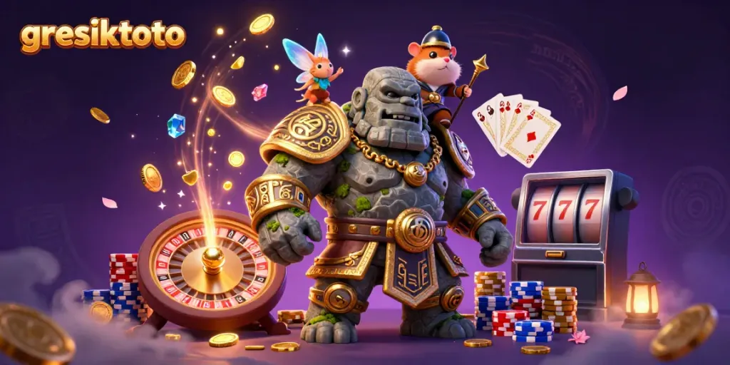 Menghadirkan pengalaman bermain gresiktoto dengan golem, peri, dan ksatria hamster dalam ilustrasi kasino.