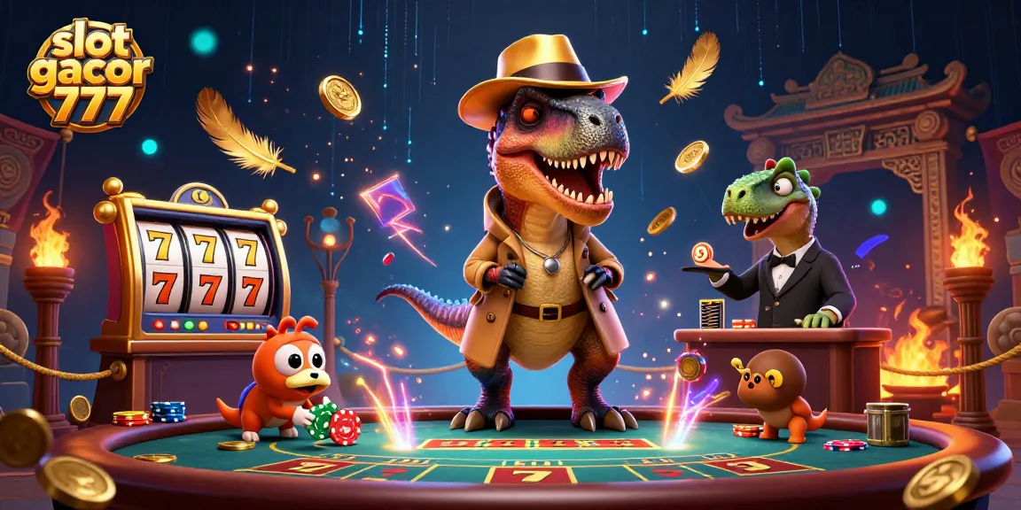 Slot gacor 777 menghadirkan ilustrasi 3D yang menarik dengan karakter dinosaurus di kasino.