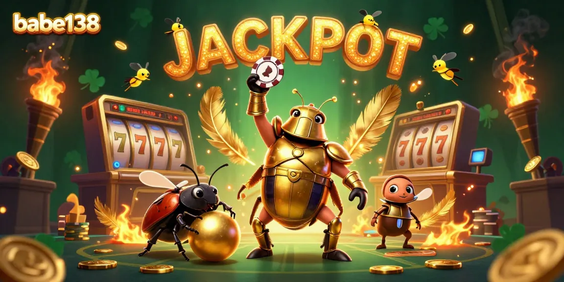 Menangkan jackpot di babe138 dengan ilustrasi 3D yang menampilkan serangga perisai dalam armor emas mengangkat chip poker.