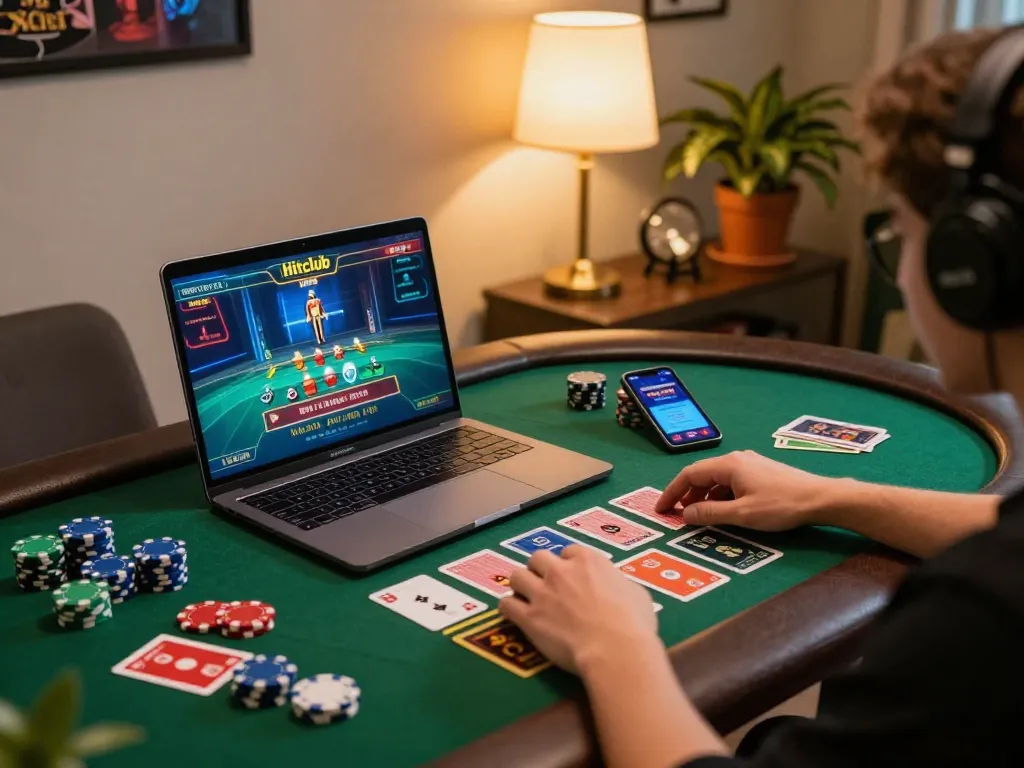 Hitclub player engaging with the laptop for online gaming, showcasing casino action and strategy.