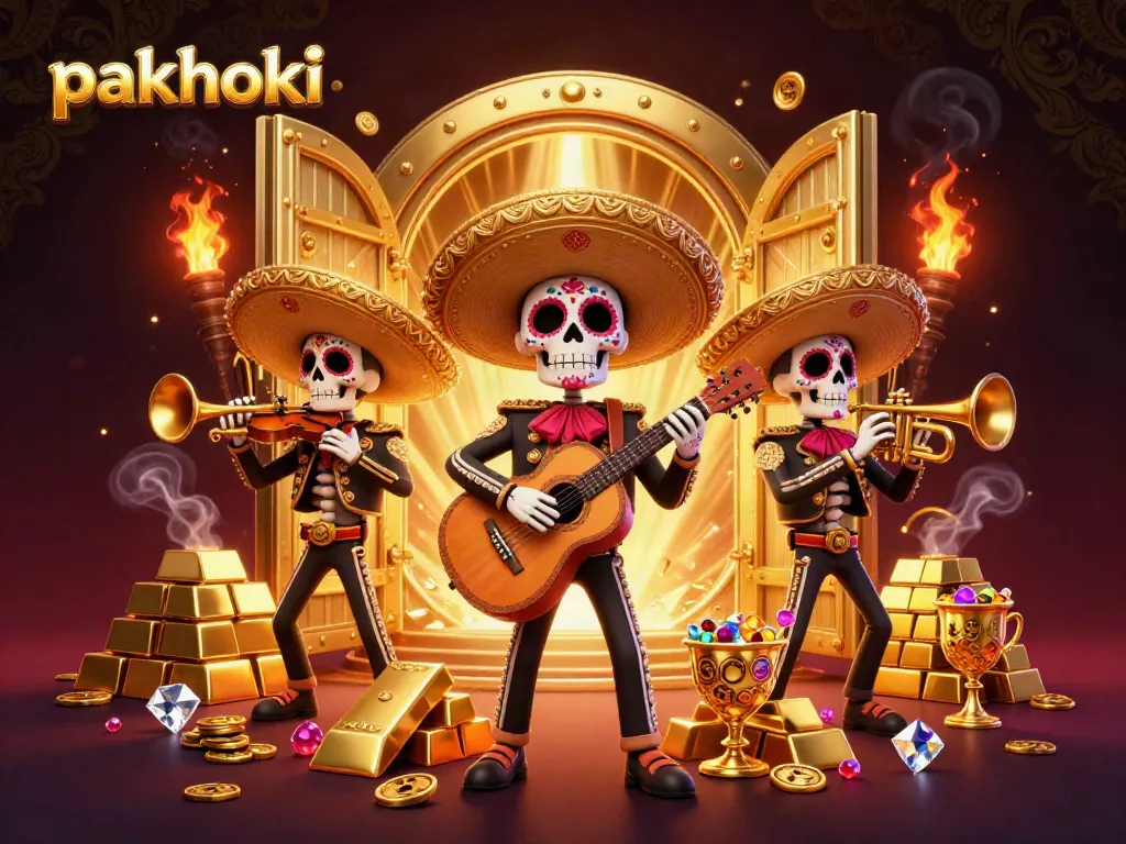 Merayakan kemenangan di Pakhoki, gambar ilustrasi 3D meriah dengan band mariachi kerangka.