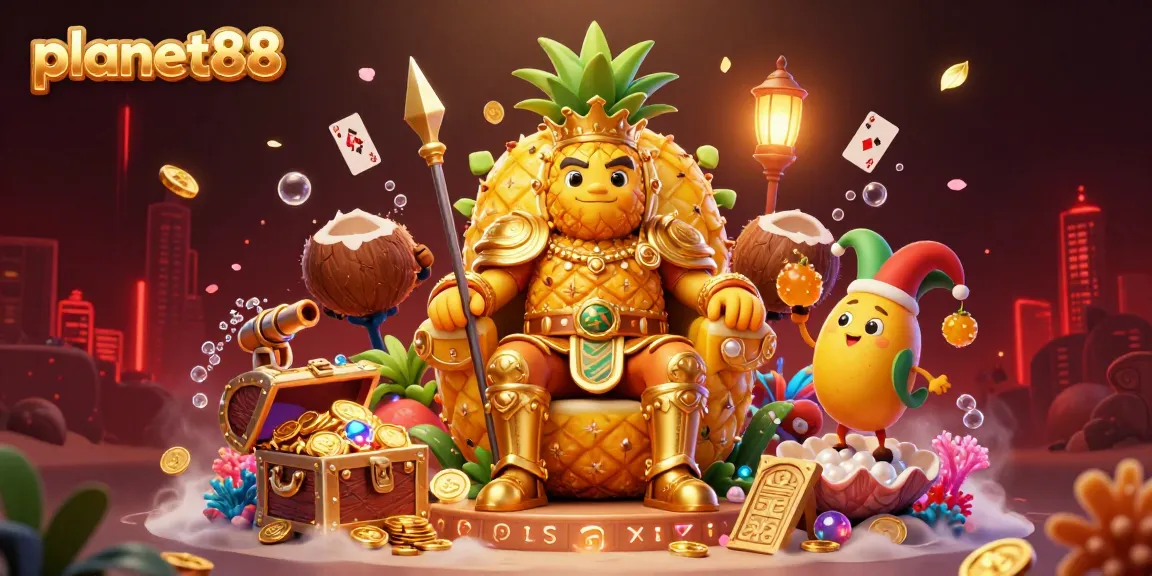 Engaging 3D casino scene with planet88's pineapple king and gaming elements displaying vibrant action.