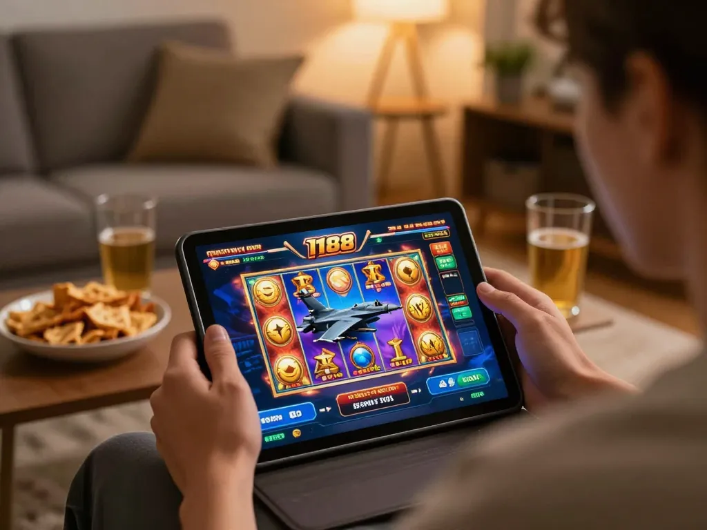 Player enjoying the F 168 casino app on a tablet, showcasing a vibrant screen with slot games.