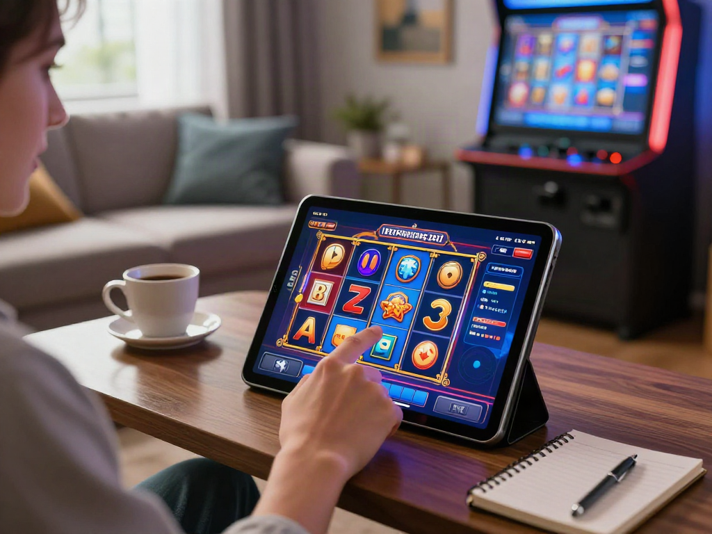 Player enjoying slot online on tablet in a cozy gaming corner with modern decor.