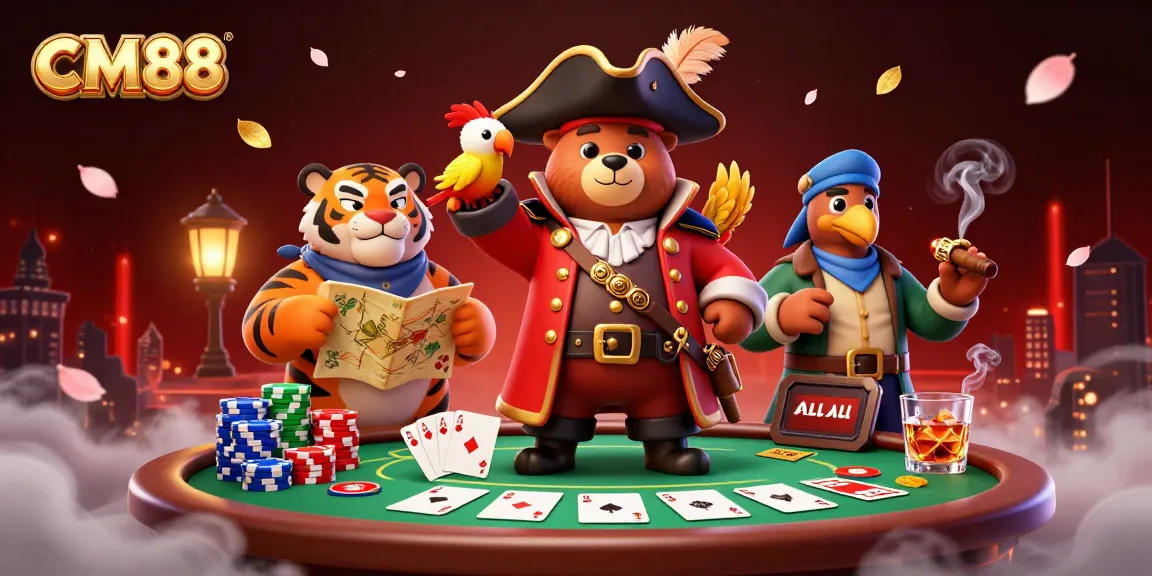 Engage in thrilling poker adventures with CM88's dynamic casino scene featuring vibrant characters and game elements.