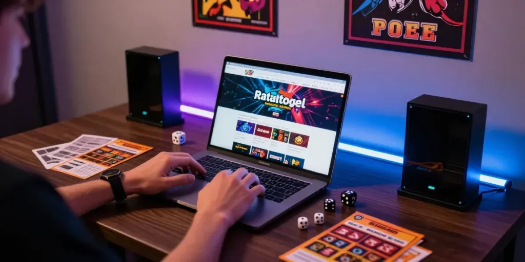 Pengguna aktif di ratutogel dengan laptop yang menampilkan halaman taruhan, suasana nyaman dengan barang-barang perjudian di sekitar.
