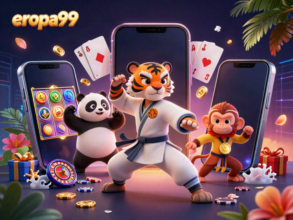 Fitur slot gacor eropa99 dengan karakter harimau dan panda terlihat dalam ilustrasi 3D yang menakjubkan.
