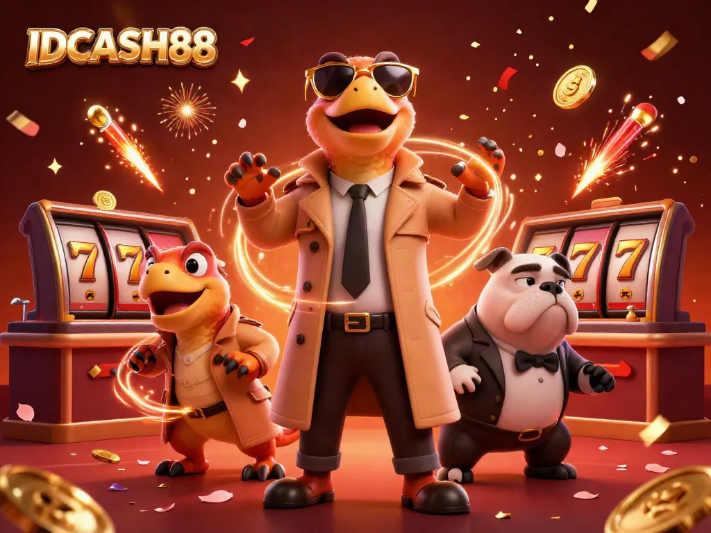 Experience the fun of IDCASH88 with raptors in disguise at a VIP casino lounge, surrounded by slot reels and festive confetti.
