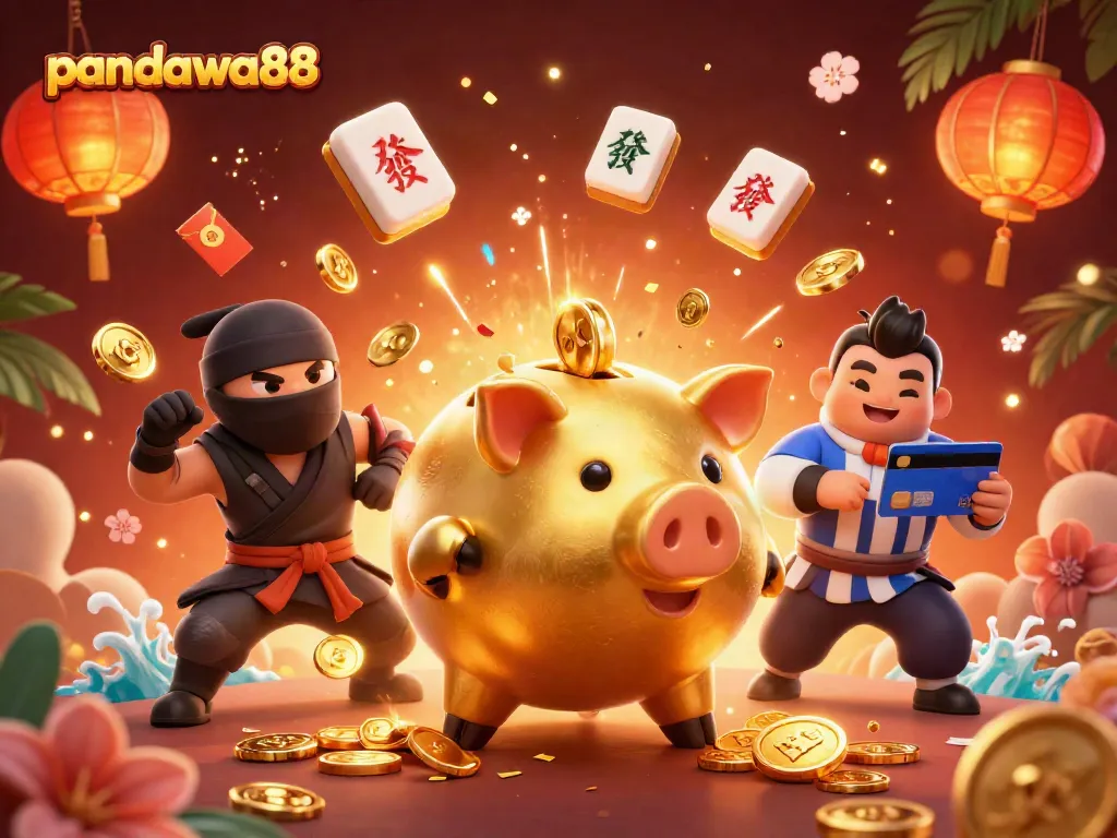 Pandawa88 menampilkan celengan sumo berkilau di kasino penuh koin emas dan warna merah.