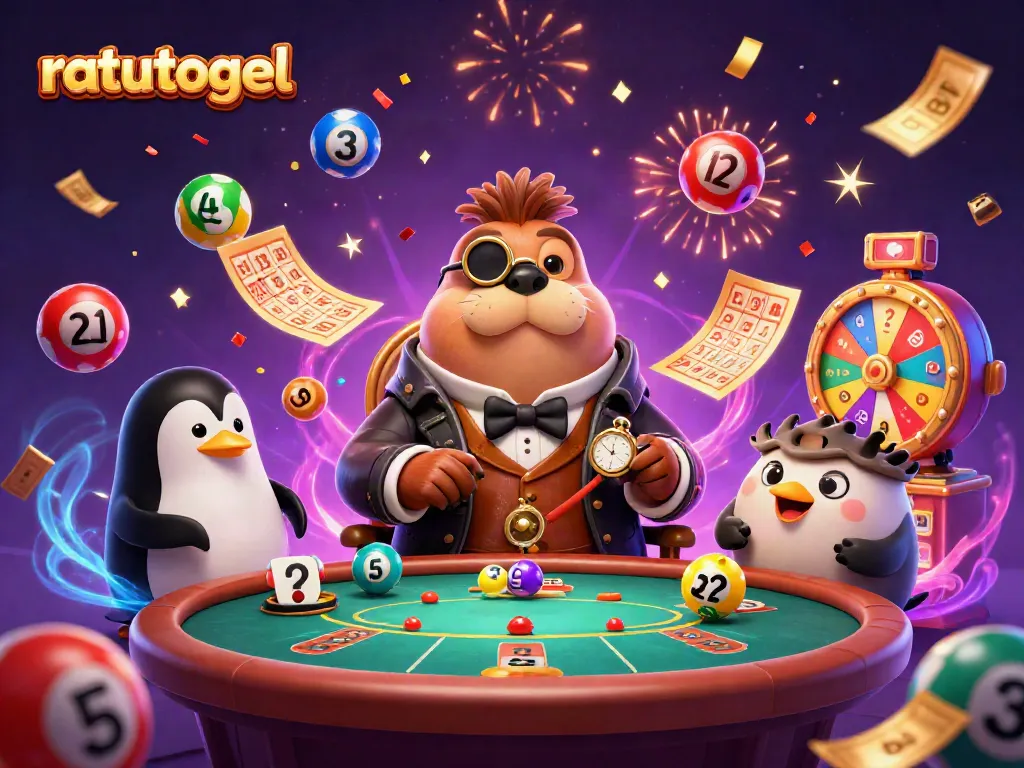 Play ratutogel while enjoying a festive gambling scene with a walrus, penguin dealer, and pufferfish bluffing.