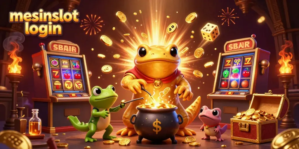 Experience the thrill of mesinslot login with golden alchemists, slot machines, and vibrant casino elements.