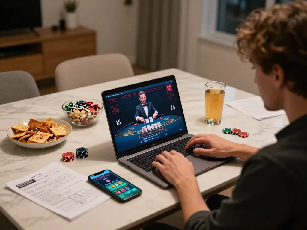 UU88 players enjoying live dealer blackjack in a stylish home setting with snacks and notes.