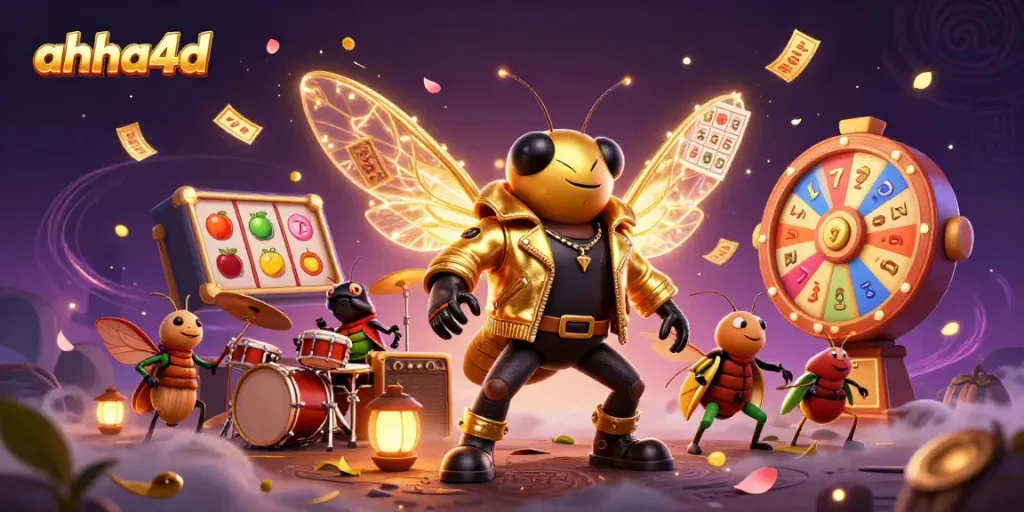 Engage with ahha4d's vibrant casino world, showcasing a rock star cicada and game elements.