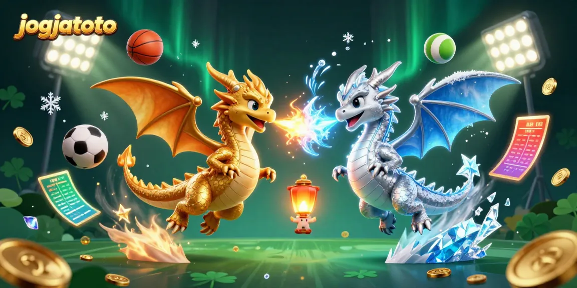 Engage in sports betting strategies with jogjatoto as 3D dragons intertwine amid dynamic sports elements.