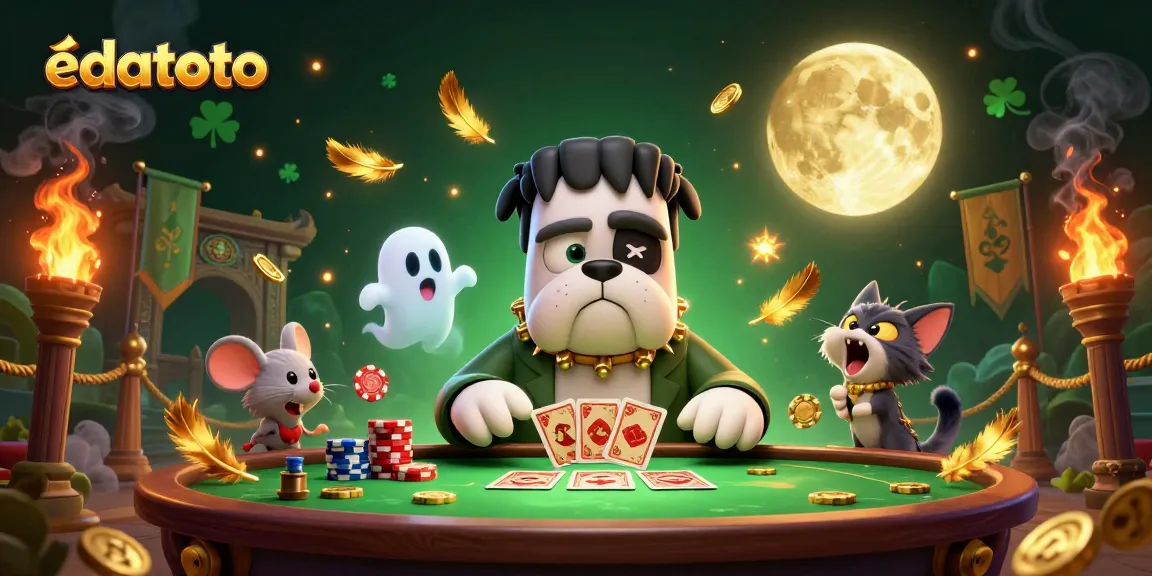 Mainan kasino edatoto dengan karakter unik seperti anjing Frankenstein dan kucing werewolf memberikan kartu di meja hijau.