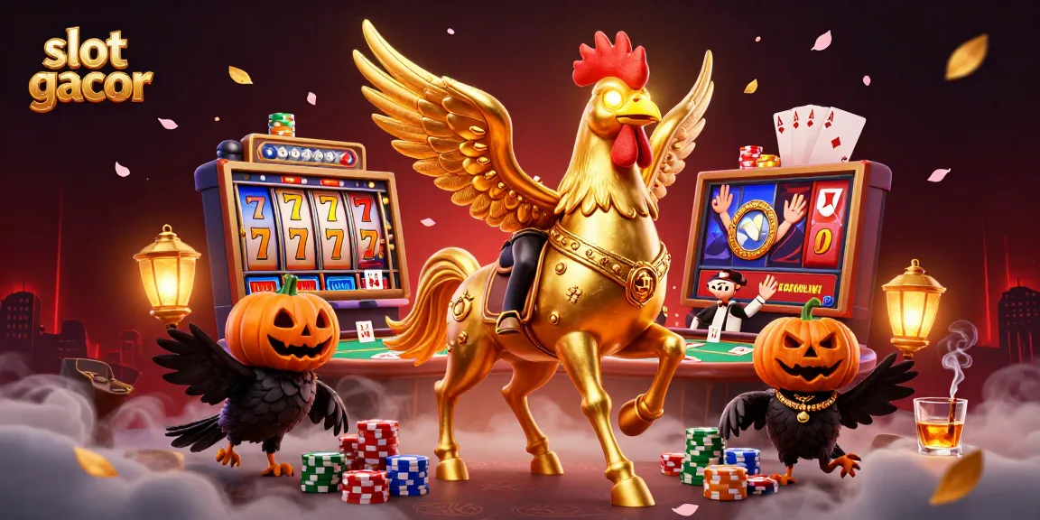 Engage with slot gacor through a vibrant casino scene featuring a golden rooster and captivating elements.