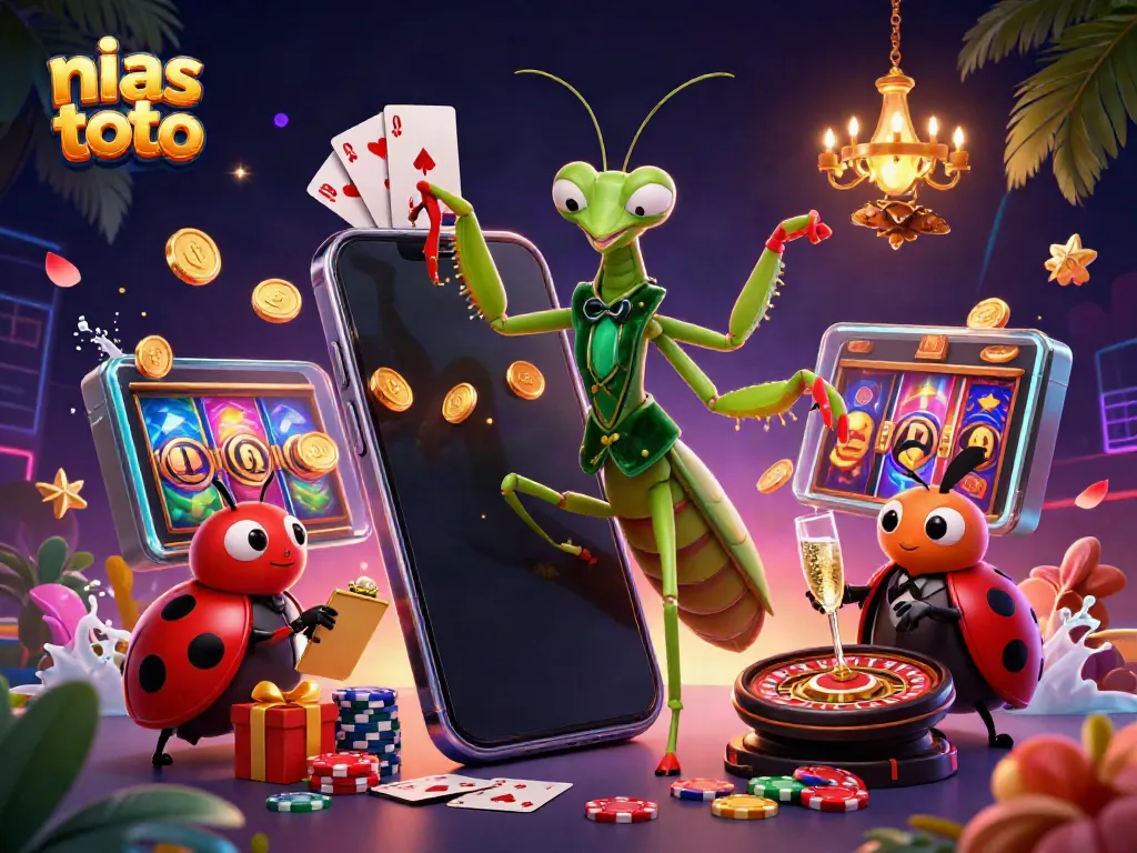 Gambarkan pengalaman menang di nias toto dengan mantis dan ladybug di kasino yang penuh warna.
