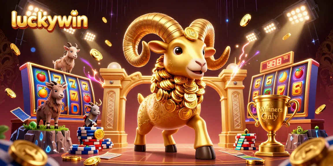 Experience the thrill of luckywin with a golden ram charging at a jackpot, surrounded by vibrant casino elements.