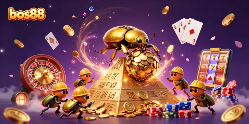 Experience the excitement with bos88, showcasing a golden beetle theme in a high-stakes casino setting.