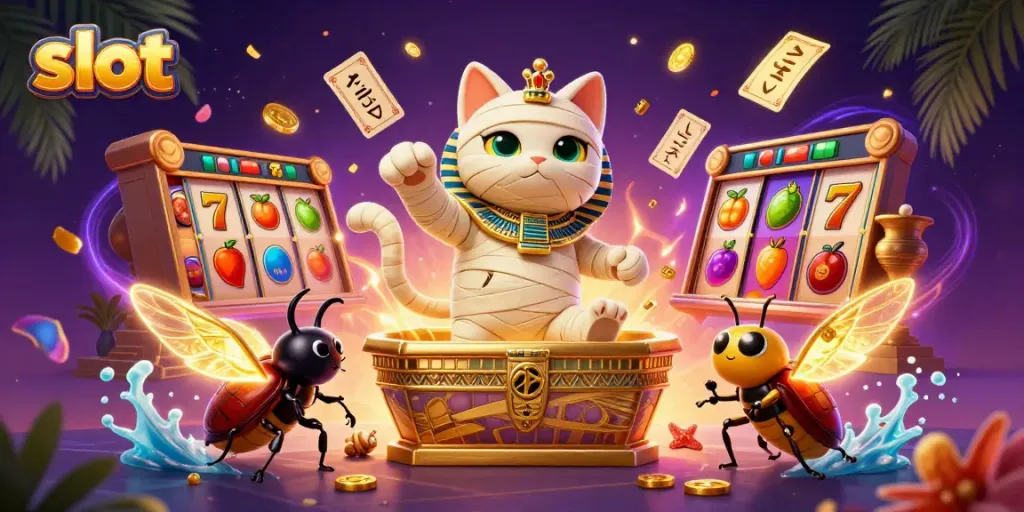Experience exhilarating slot action with an Egyptian mummy cat and a glowing scarab in a vibrant casino scene.