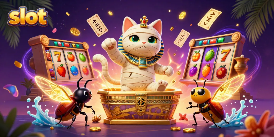 Experience exhilarating slot action with an Egyptian mummy cat and a glowing scarab in a vibrant casino scene.