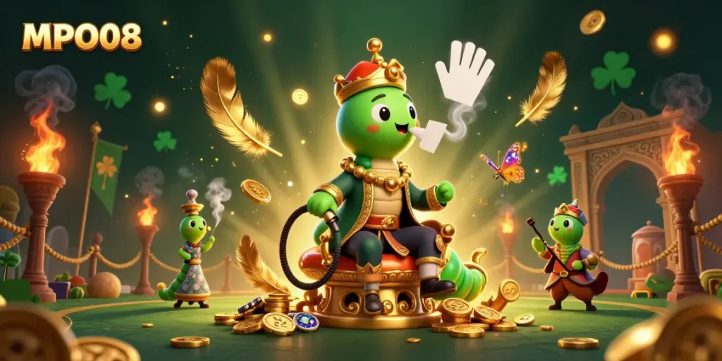 Experience MPO08's vibrant gambling scene with a caterpillar sultan and poker motifs.