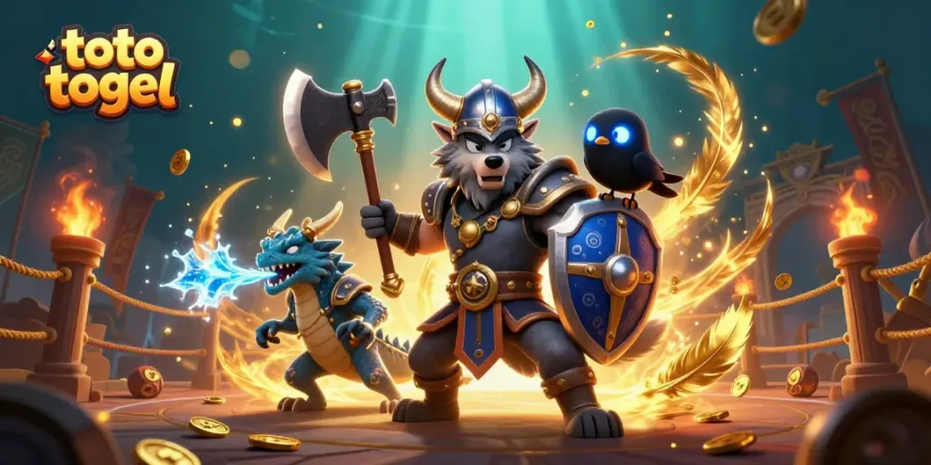 Engage in toto togel with a Viking wolf warrior, dragon, and casino elements in a dynamic scene.
