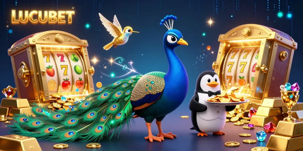 LUCUBET showcases an extravagant casino scene with a peacock, butler penguin, and hummingbird surrounded by slot reels and treasure elements.